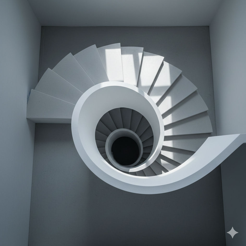 A minimalist architectural photograph of a white spiral staircase seen from directly above, creating a geometric 'V' shape.