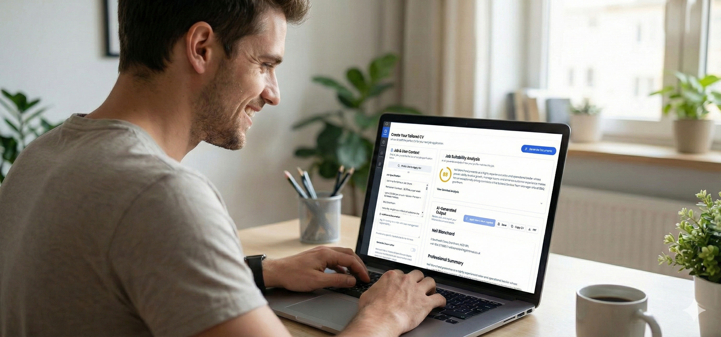 AI CV Builder in action, showing a generated resume on screen.