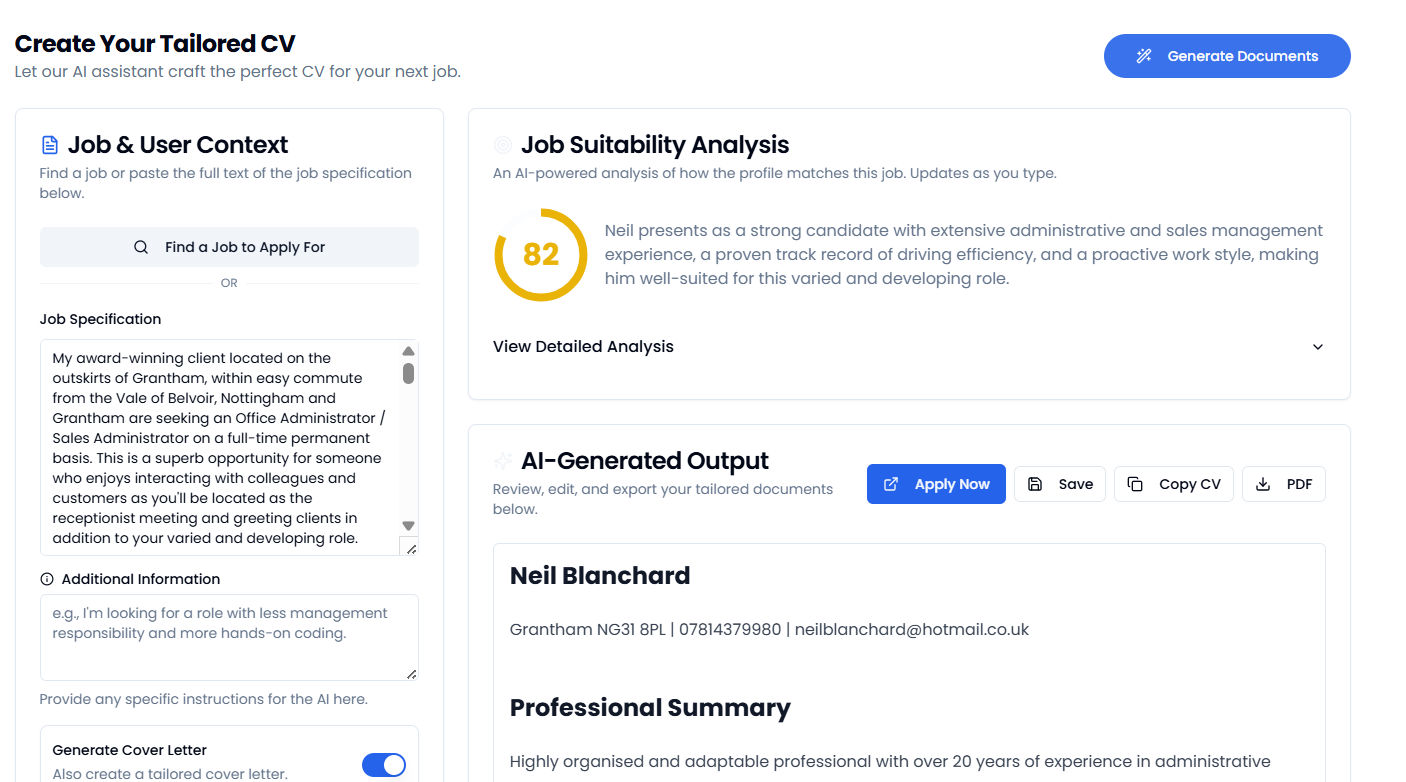 AI CV Builder generating a document.