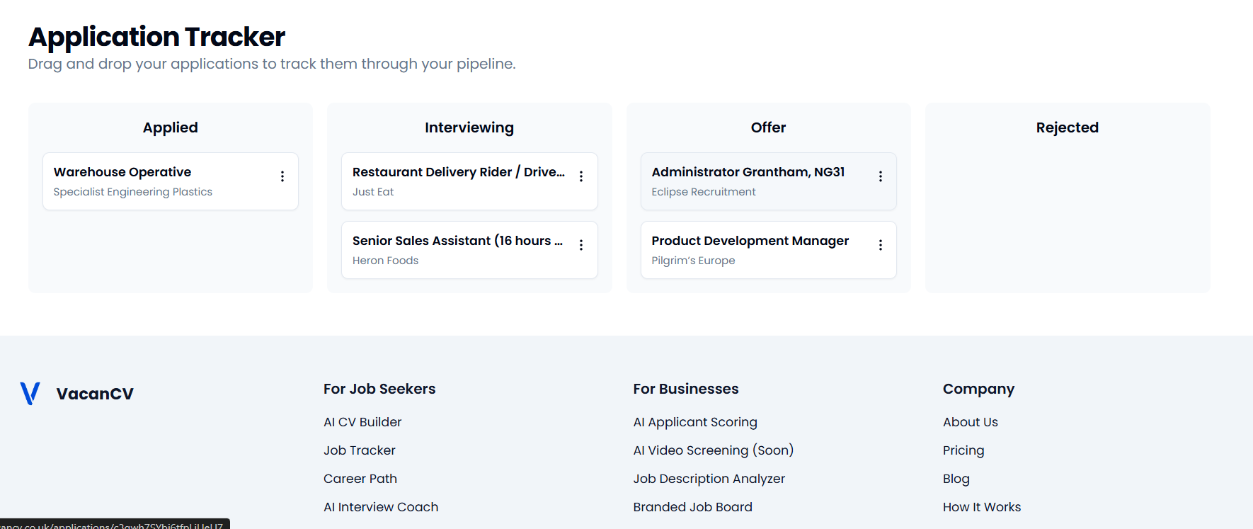 Kanban board showing job application stages.