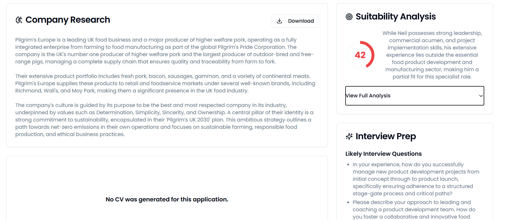 An interview preparation screen showing company research and generated questions.