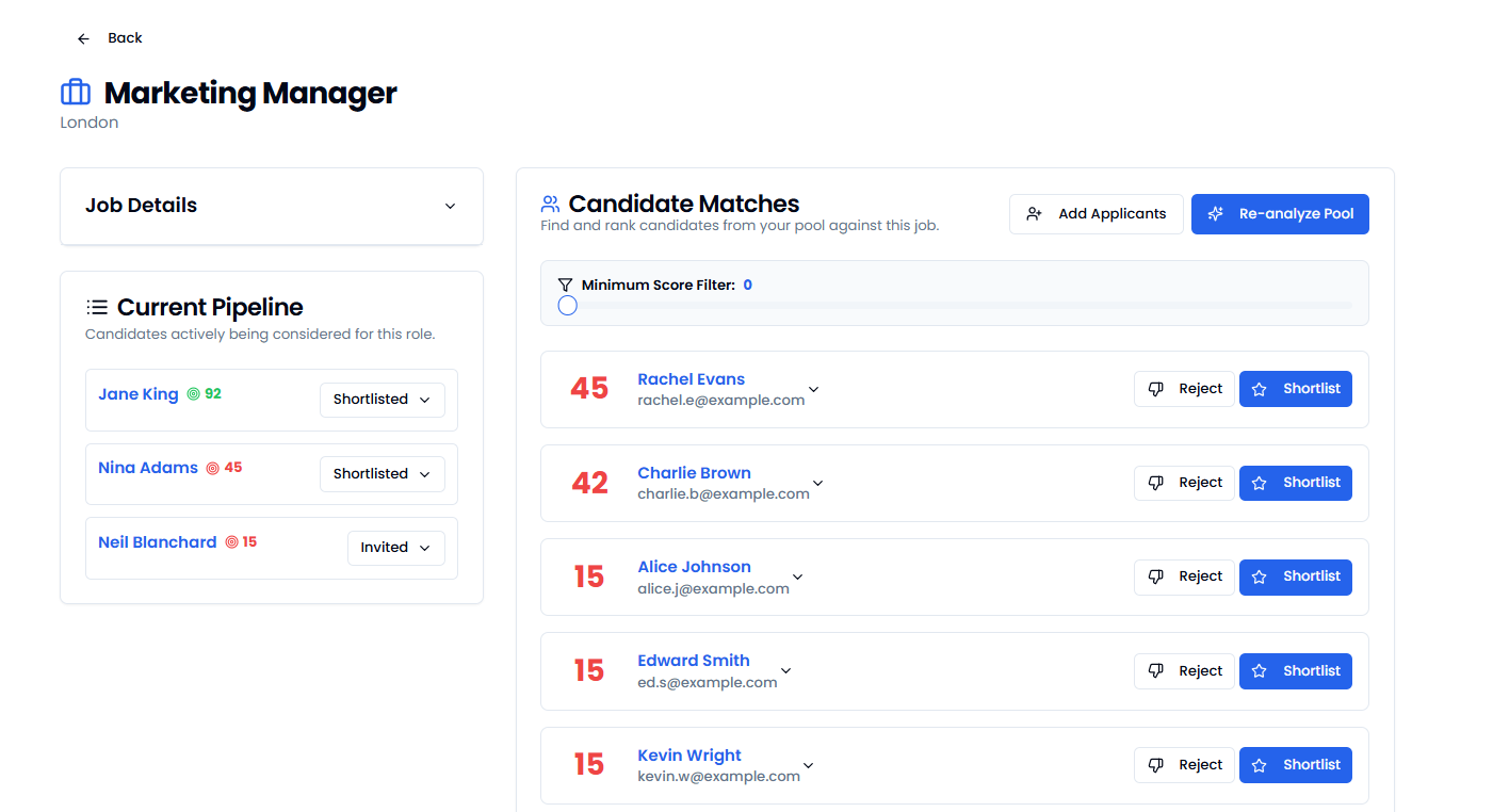 A screenshot showing the AI match being run and candidates being ranked.