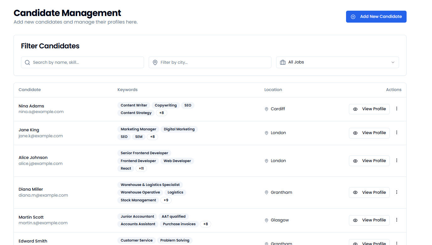 A screenshot of the VacanCV talent pool, showing a list of candidates being managed.
