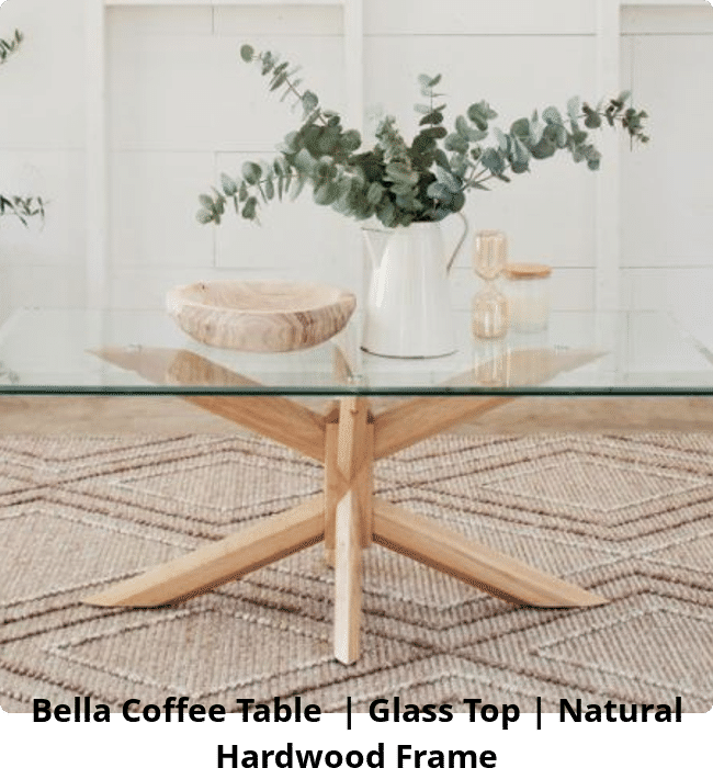 Bella Coffee Table  | Glass Top | Natural Hardwood Frame