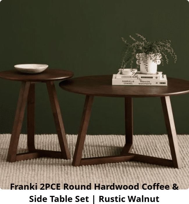 Franki 2PCE Round Hardwood Coffee & Side Table Set | Rustic Walnut