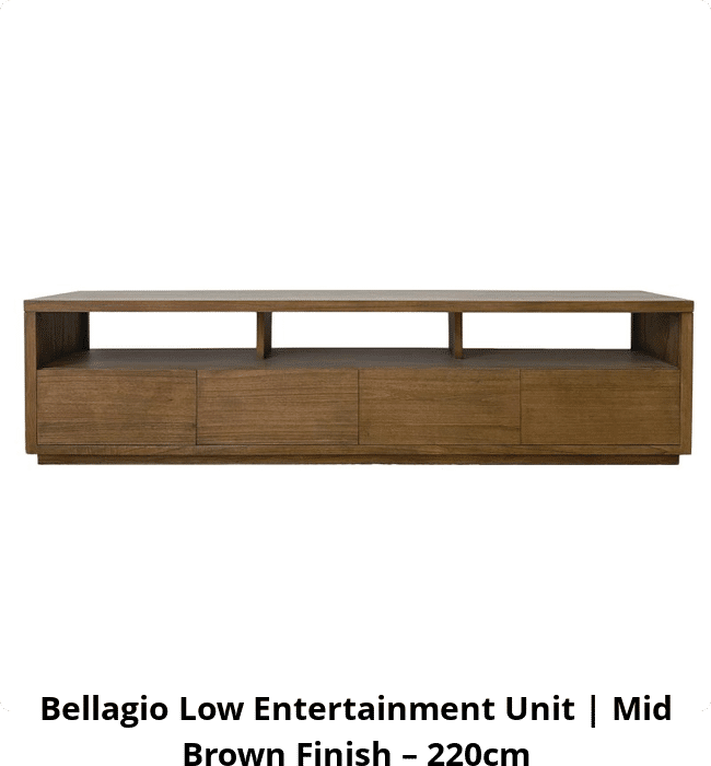 Bellagio Low Entertainment Unit | Mid Brown Finish – 220cm