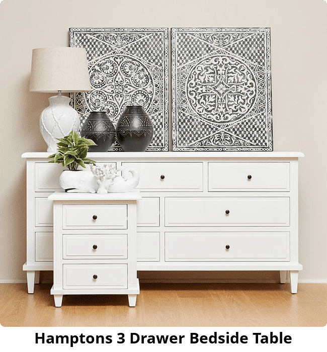 Hamptons 3 Drawer Bedside Table