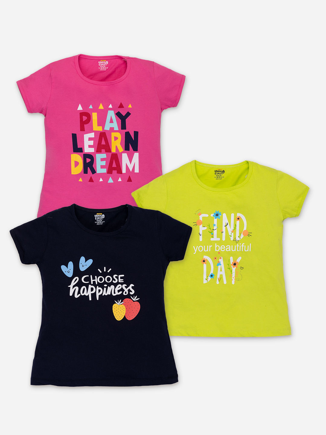 AMUL Kandyfloss Girls Pack Of 3 Typography Printed Pure Cotton T