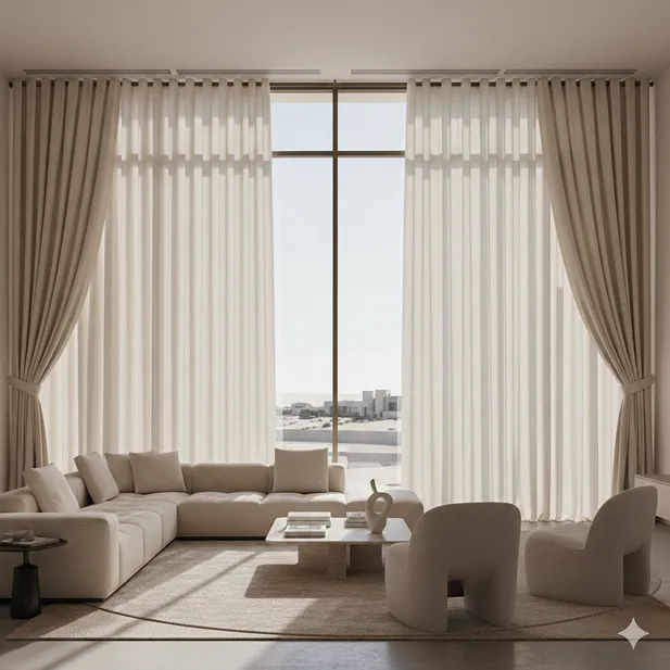 Elegant living room with layered curtains showing modern and classic drapery styles