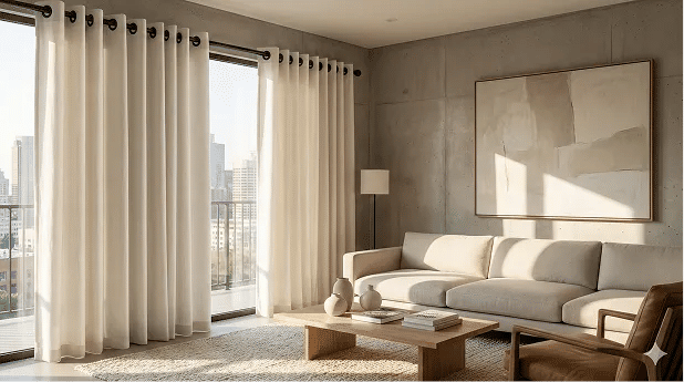 Modern living room with American style grommet curtains