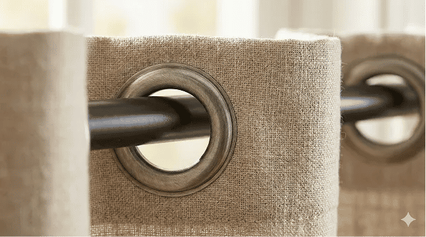 Close-up of curtain grommet rings on a curtain rod showing smooth sliding mechanism