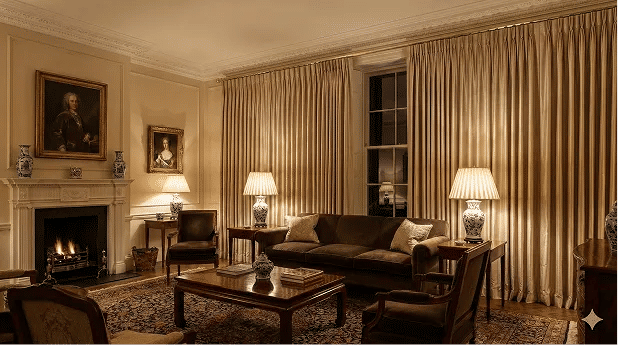 Formal living room with elegant pinch-pleat curtains