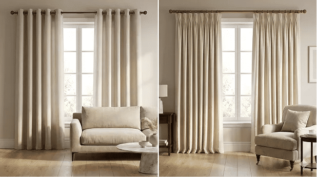 Side-by-side comparison of grommet curtains and pleated curtains in similar living rooms