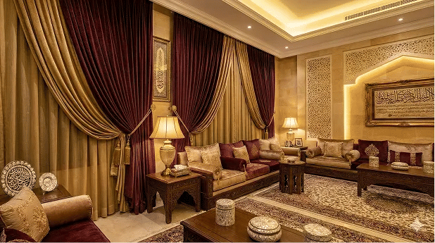 Saudi Majlis interior with luxurious pleated velvet curtains and warm ambient lighting
