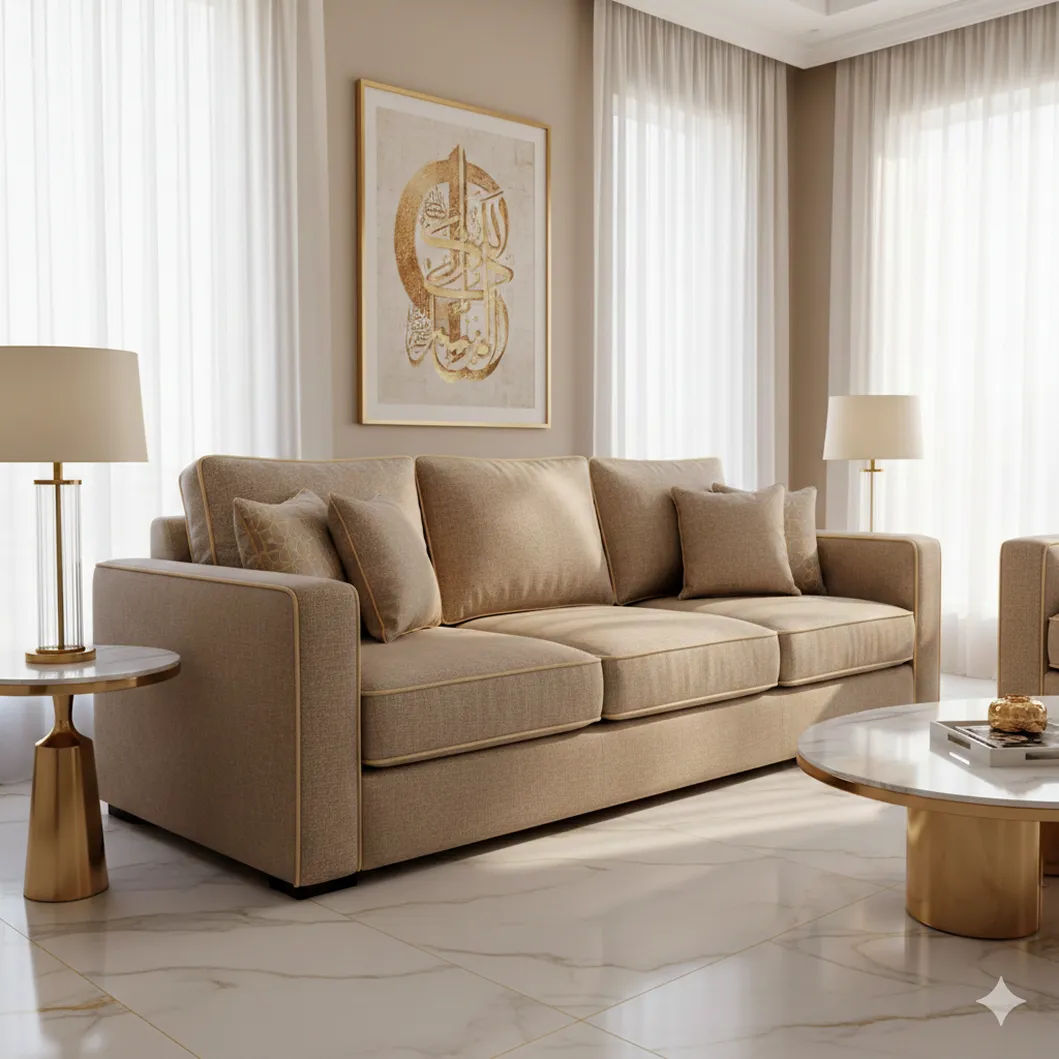 Modern Riyadh living room with a freshly upholstered sofa in premium fabric