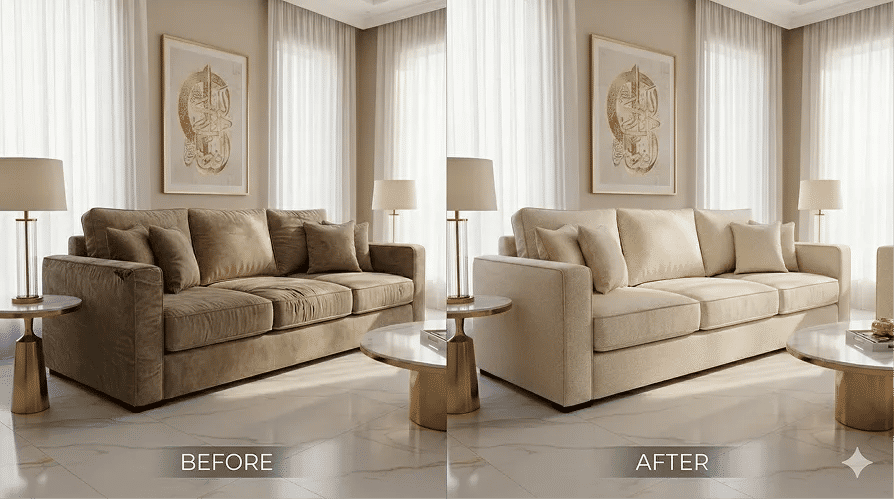 Before and after sofa upholstery showing refreshed fabric and improved seating comfort
