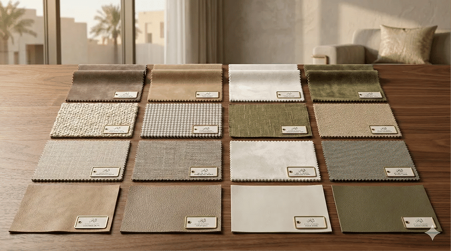 Fabric swatches suitable for sofa upholstery in Riyadh including velvet and performance fabric