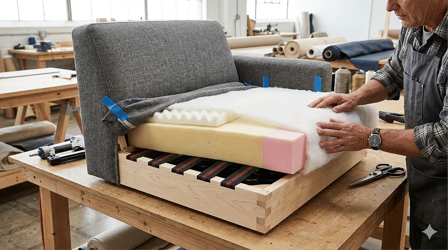 Foam replacement process for sofa seats showing layers and density options