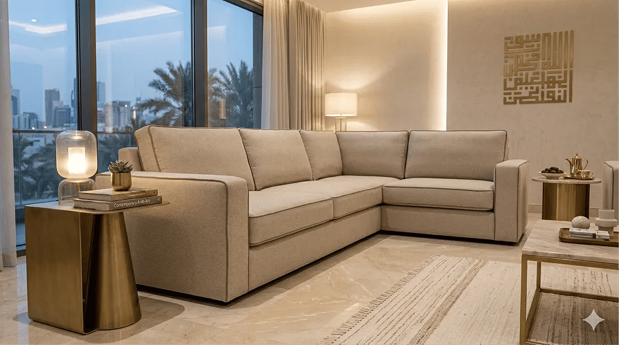 Luxury sofa in Riyadh after reupholstery with refined stitching and modern fabric