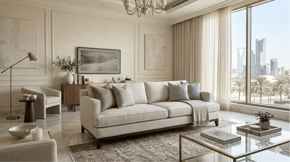 غرفة معيشة حديثة مع كنب مُجدّد بعد تغيير القماش بالقرب مني