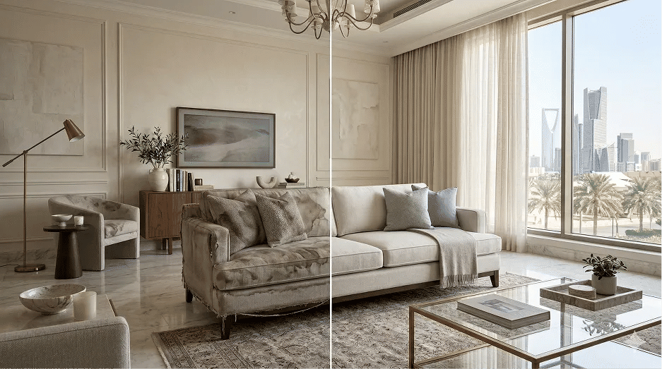 قبل وبعد تغيير قماش الكنب يوضح التجديد وتحسن الراحة