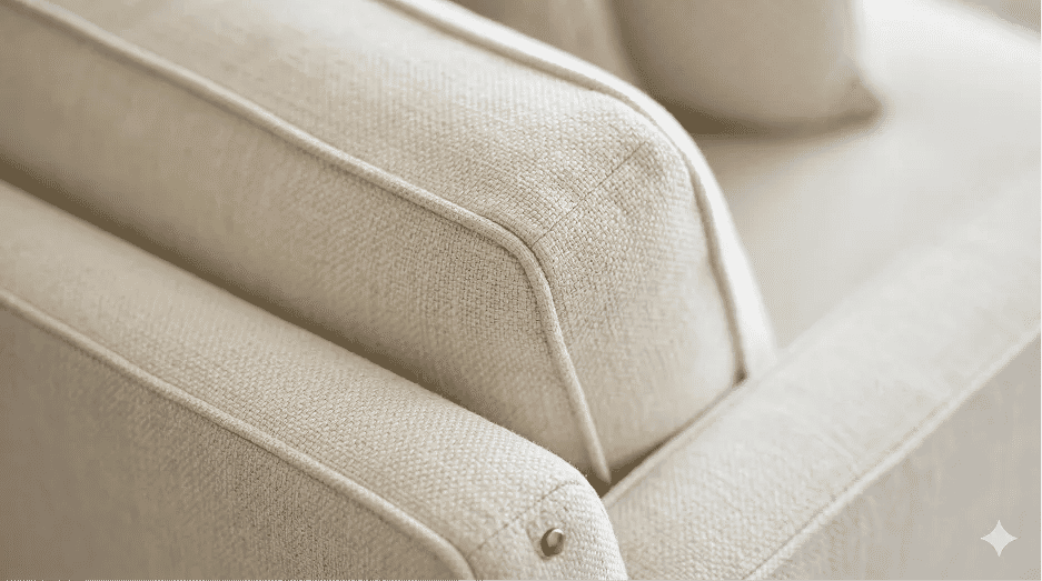 لقطة مقربة لخياطة تنجيد احترافية مع تفاصيل الحواف بعد تغيير القماش