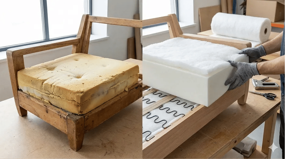 عملية تغيير فوم الكنب مع طبقات مختلفة وخيارات كثافة