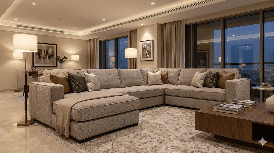 كنب فاخر بعد تغيير القماش مع تشطيب نظيف وخياطة مرتبة