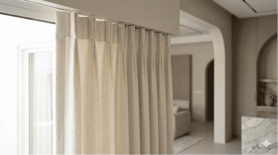 Tailored upholstery curtains with elegant pleats in a Riyadh home