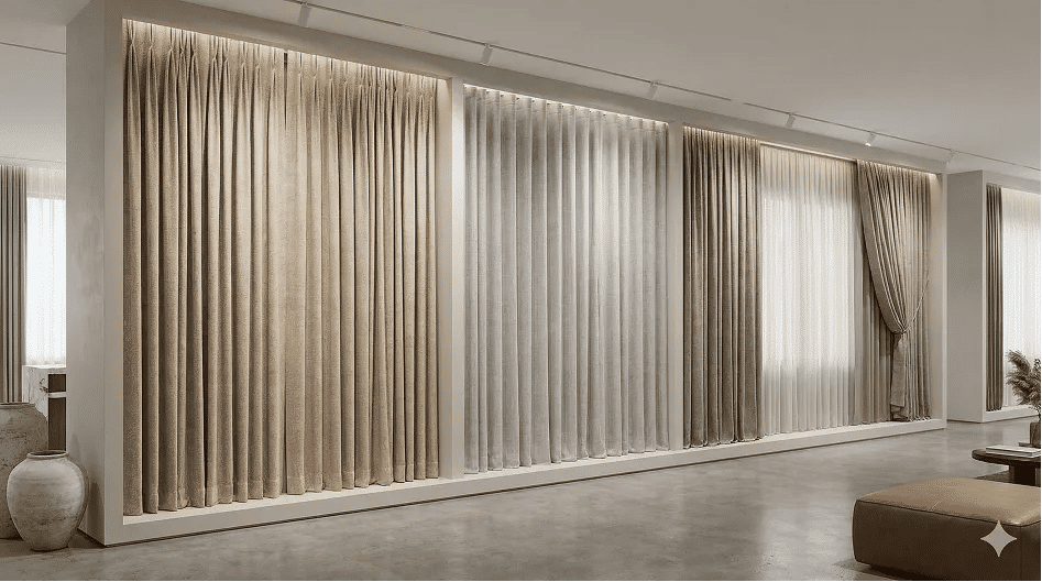 Different curtain fabric styles used for custom upholstery curtains