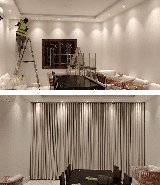 النتيجة النهائية لتركيب ستائر ويفي فاخرة في فيلا بالرياض