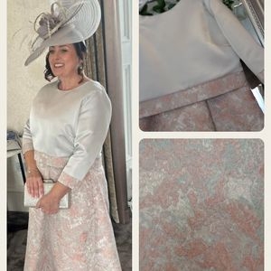 Mother of the bride/groom dress glasgow Soft silver satin front to back jacket with silver/nude brocade dress. Made to measure in Glasgow