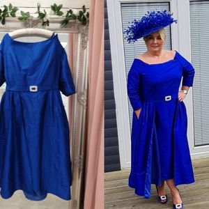 Designer mother of the bride dress. Royal blue silk dupion gown with bardot neckline. Made to measure in Glasgow