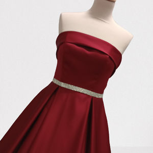 Claret duchesse satin bridesmaid dress with diamonte waist. Made to measure in Glasgow