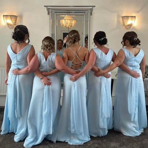 Ice blue satin chiffon bridesmaid dress. Made to measure in Glasgow