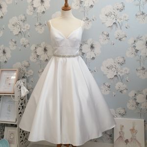 Bridesmaid dress. Duchesse satin tea length dress with fitted bodice and diamonte belt. Made to measure in Glasgow