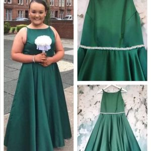 Hunter green duchesse satin junior bridesmaid dress. Made to measure in Glasgow