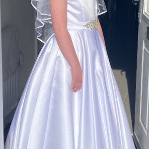 Duchess satin first holy communion dress with diamonte pearl detail. Made in Glasgow