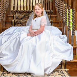 first holy communion dress. Beautiful beaded lace bodice / sleeve with duchess satin circle skirt & diamonte belt. Made in Glasgow
