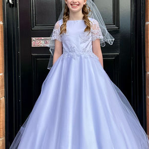 Communion dress Glasgow. Beaded lace bodice with short sleeve. Soft satin circle skirt with tulle overlace