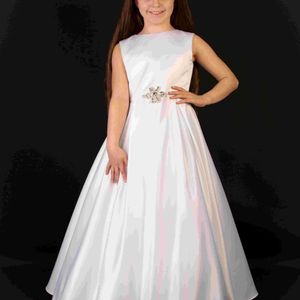 Sleeveless duchesss satin communion gown with boxpleat skirt. Diamonte belt on waist. Made to measure in Glasgow