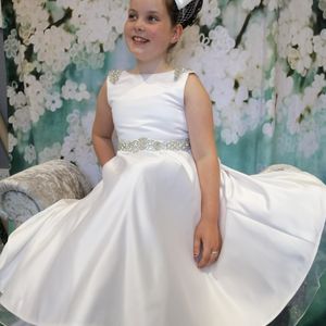 50's inspired duchess satin t-length communion dress. Made to measure in Glasgow