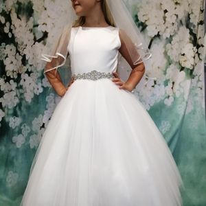 communion dress with sleeveless duchess satin bodice. Made to measure in Glasgow