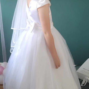 Pretty duchesse satin communion dress Glasgow with cap sleeve & soft tulle skirt