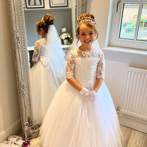 first holy communion dress. Delicate beaded lace bodice with soft tulle skirt. Made in Glasgow