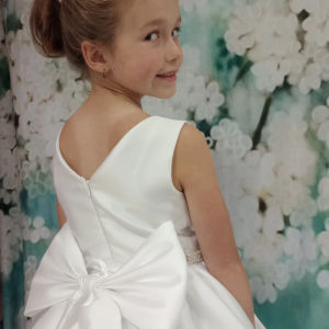Soft mikado first holy communion dress with high skirt & pockets. Made in Glasgow