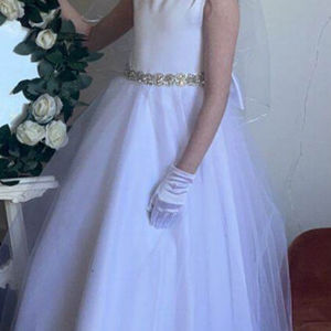 Duchesse satin first holy communion dress with full tulle skirt & diamonte belt. Made in Glasgow