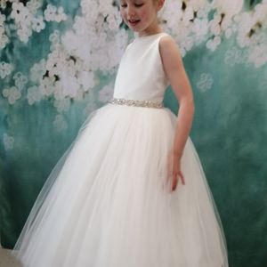 Duchesse satin flower girl bodice with soft tulle skirt. Beautiful Diamonte pearl belt detail. Made to measure in Glasgow