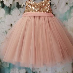 Flowergirl dress. Gold sequence bodice with dusty rose tulle skirt & sash made to order in Glasgow