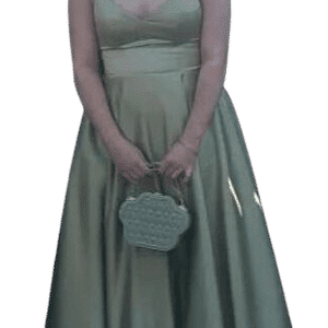 Willow green duchesse satin prom dress with fitted bodice, shoestring straps and lace up back,aline skirt with feature pockets made to measure in Glasgow